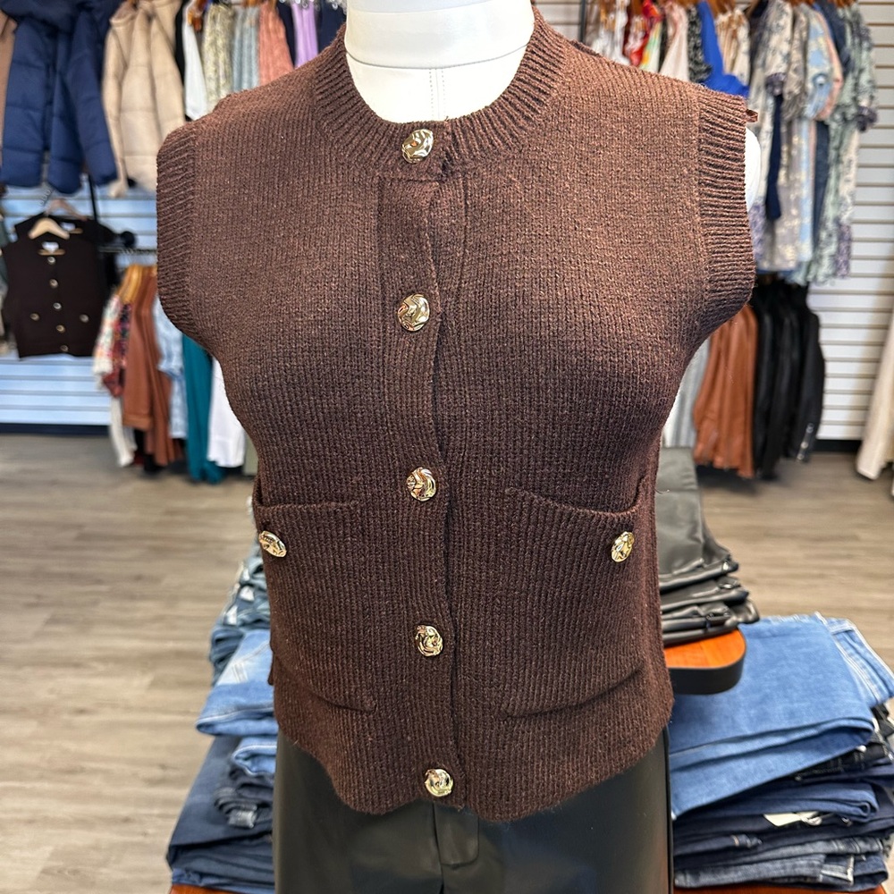 Brown Sleeveless Button-Up Knit Sweater Vest Gold Buttons